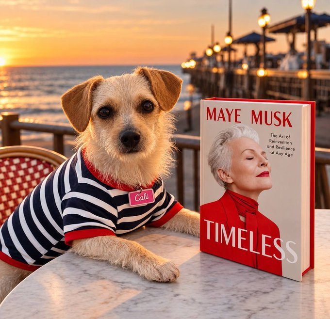 Cali, a small terrier in a striped shirt, sitting at sunset